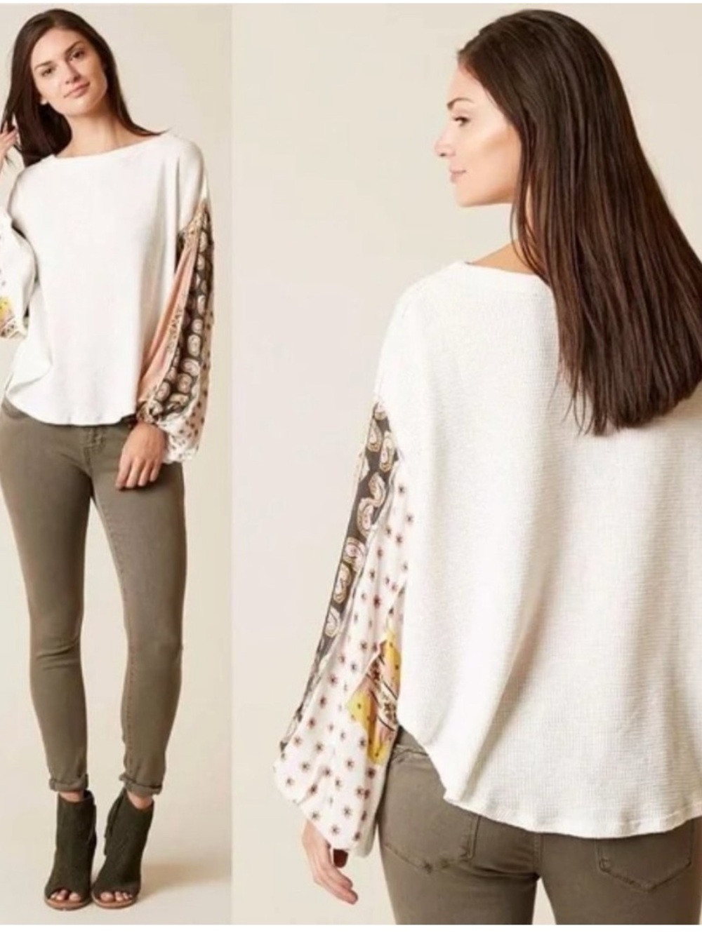 WE THE FREE Free People Ivory
Blossom Thermal Patchwork Sleeve
Boho Hippie Top S